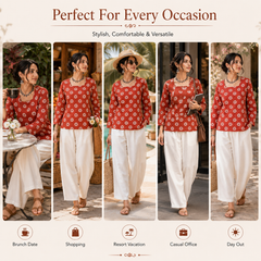 Red Block-Print Cotton Top for Office Wear - view 5