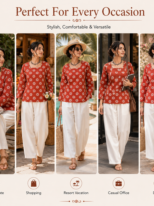 Red Block-Print Cotton Top for Office Wear - view 5