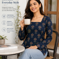 Navy Printed Tunic Top for Office Wear