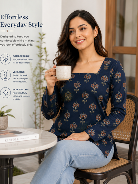 Navy Printed Tunic Top for Office Wear