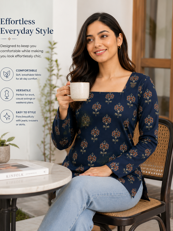Navy Printed Tunic Top for Office Wear