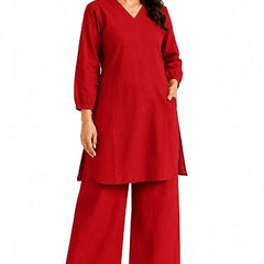 Red Solid Kurta Palazzo Set with V-Neck - view 2