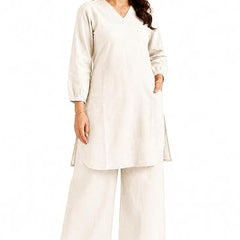 Beige Solid Kurta Palazzo Set for Office Wear - view 4