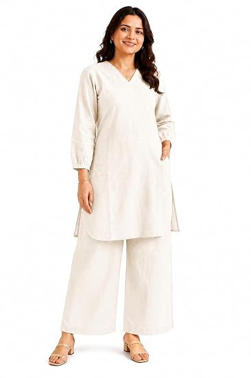 Beige Solid Kurta Palazzo Set for Office Wear - view 4