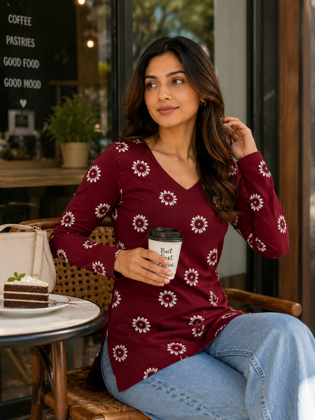 Red Printed Rayon Kurti for Office Wear