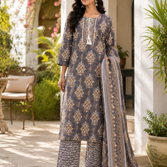 Brown Embroidered Cotton Kurta Pant Dupatta Set for Festive Wear
