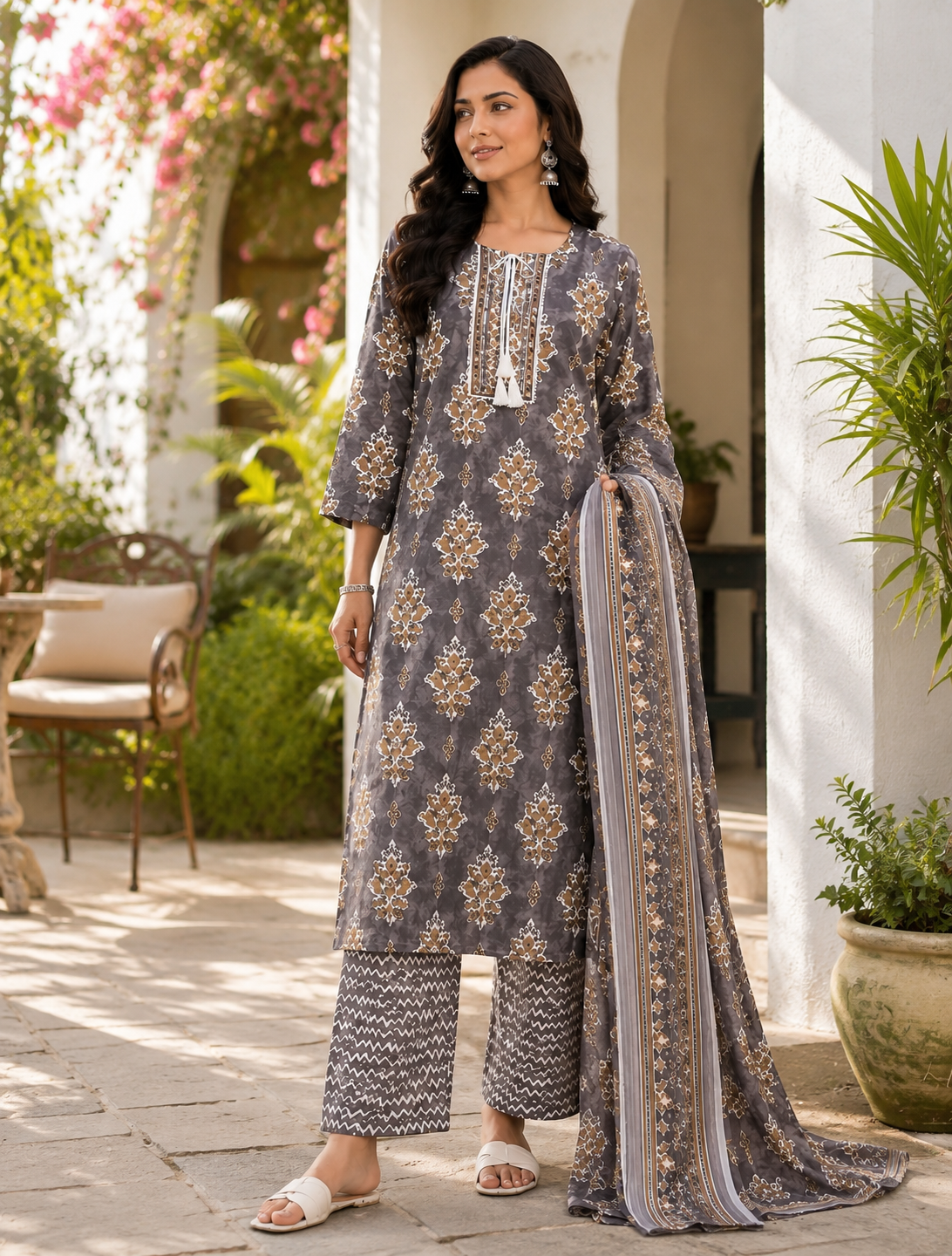 Women's Premium Cotton Kurta Pant Dupatta Set | Embroidered Neck | Printed 3-Piece Ethnic Suit