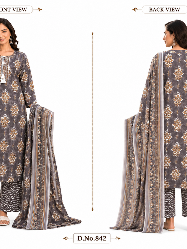 Brown Embroidered Cotton Kurta Pant Dupatta Set for Festive Wear - view 2