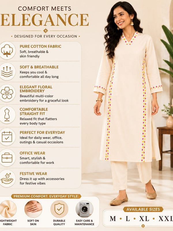 Floral Embroidered Cotton Kurta Pant Set for Festive Wear - view 3