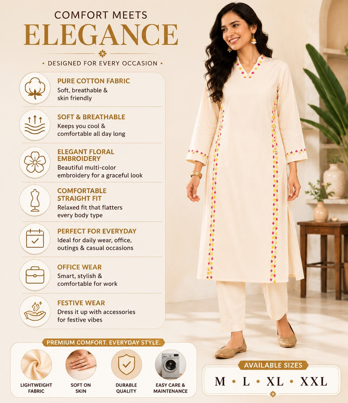 Premium Pure Cotton Embroidered Kurta Pant Set | Straight Fit | Daily & Office Wear