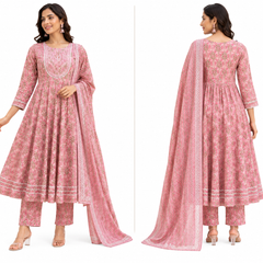 Pink Embroidered Cotton Anarkali Suit Set for Festive Wear - view 3