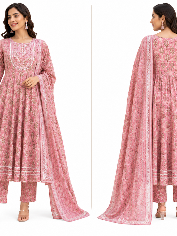 Pink Embroidered Cotton Anarkali Suit Set for Festive Wear - view 3