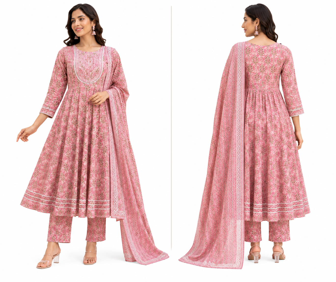 Women's Premium Cotton Anarkali Kurta Pant Dupatta Set | Embroidered Yoke | 3-Piece Ethnic Suit