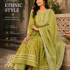Green Embroidered Cotton Ethnic Wear for Casual Wear