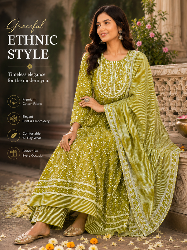 Green Embroidered Cotton Ethnic Wear for Casual Wear