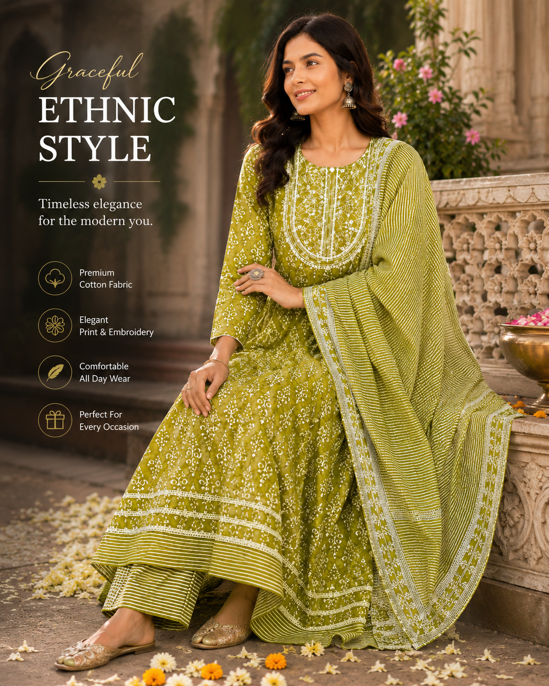 Women's Cotton Anarkali Kurta Pant Dupatta Set | Embroidered Ethnic Suit Set
