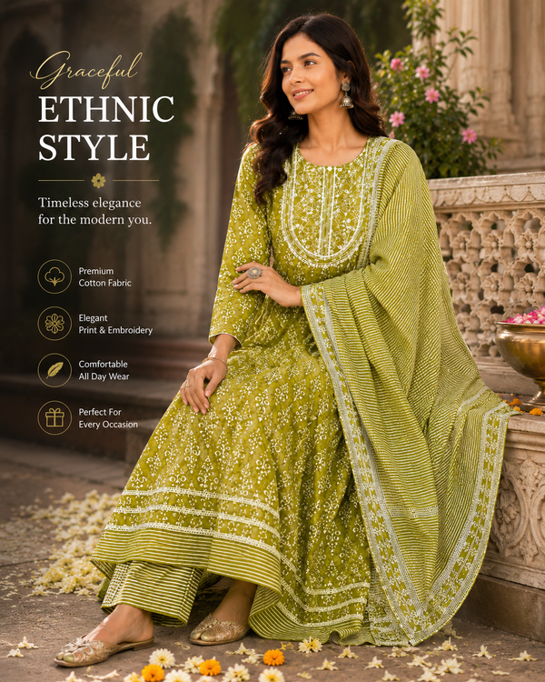 Women's Cotton Anarkali Kurta Pant Dupatta Set | Embroidered Ethnic Suit Set