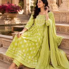 Floral Embroidered Cotton Kurta Pant Dupatta Set for Festive Wear