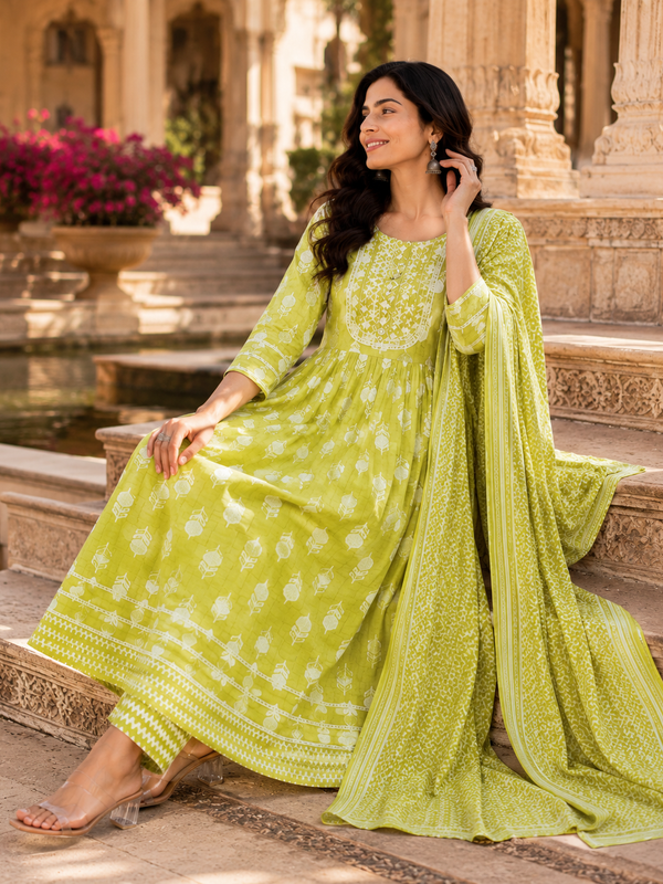 Floral Embroidered Cotton Kurta Pant Dupatta Set for Festive Wear
