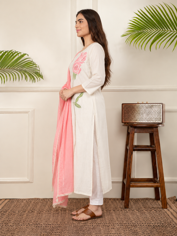 Off-White Kantha Cotton Kurta Set