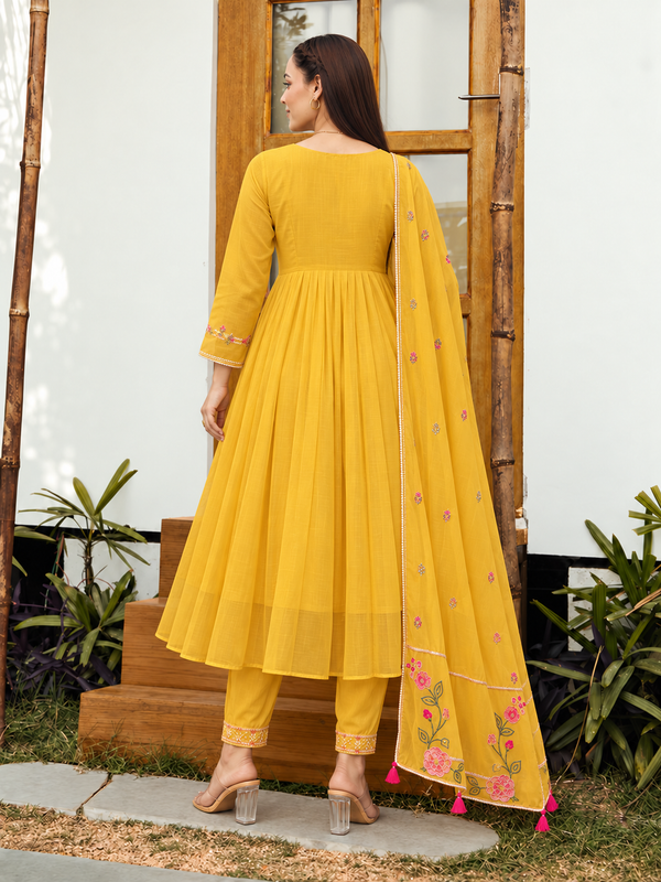 Vibrant Yellow Embroidered Anarkali Suit Set with Dupatta
