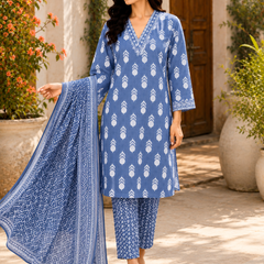 Blue Embroidered Cotton Kurta Pant Dupatta Set for Festive Wear - view 2