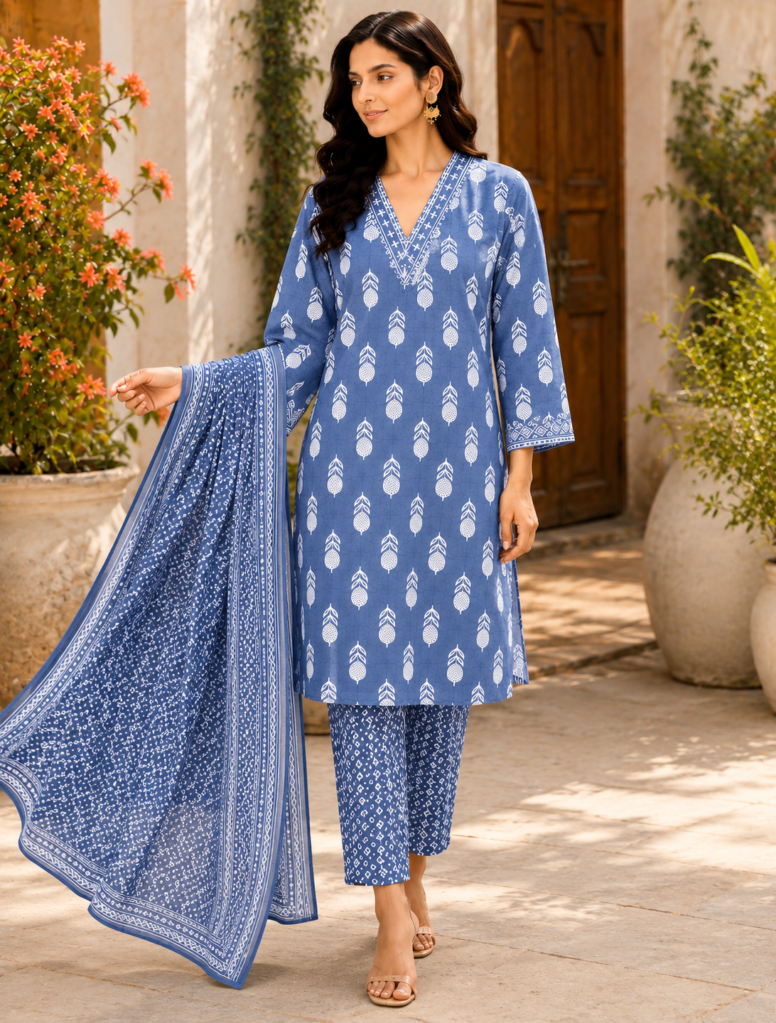 Women’s Cotton Printed Kurta Pant Dupatta Set | Embroidered V-Neck | Ethnic 3-Piece Suit Set