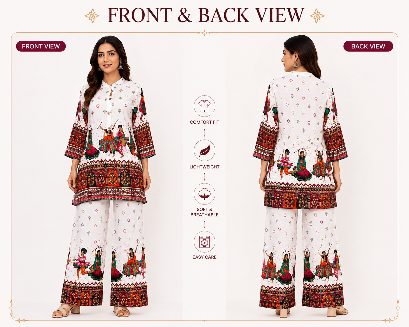 Premium Folk Print Rayon Kurta Palazzo Co-Ord Set for Women