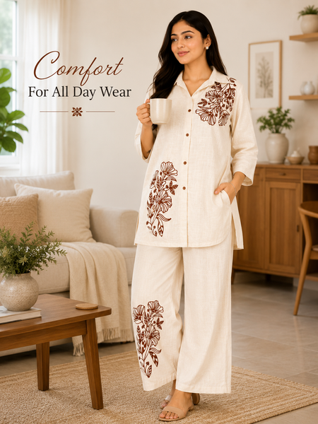 Floral Embroidered Cotton Kurta Palazzo Co-Ord Set for Festive Wear