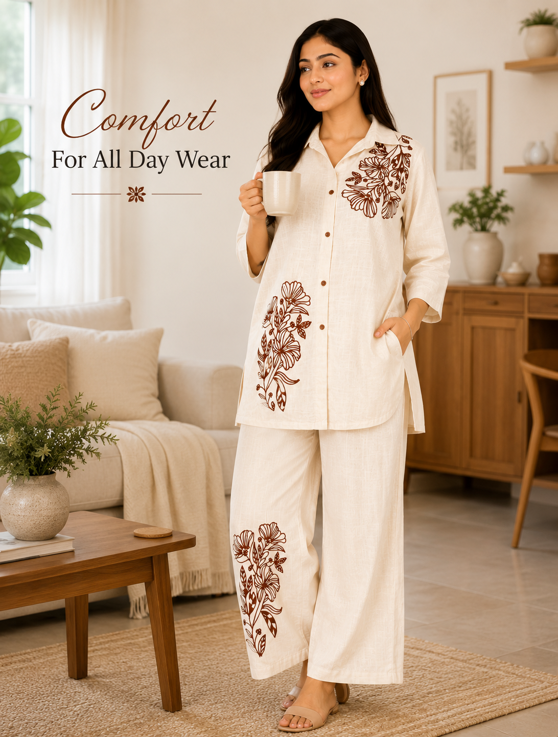 Women's Floral Embroidered Co-Ord Set | Premium Cotton Blend Shirt & Palazzo Pants Set