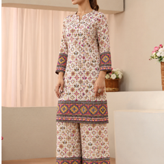 White Printed Rayon Kurta Palazzo Co-Ord Set for Festive Wear