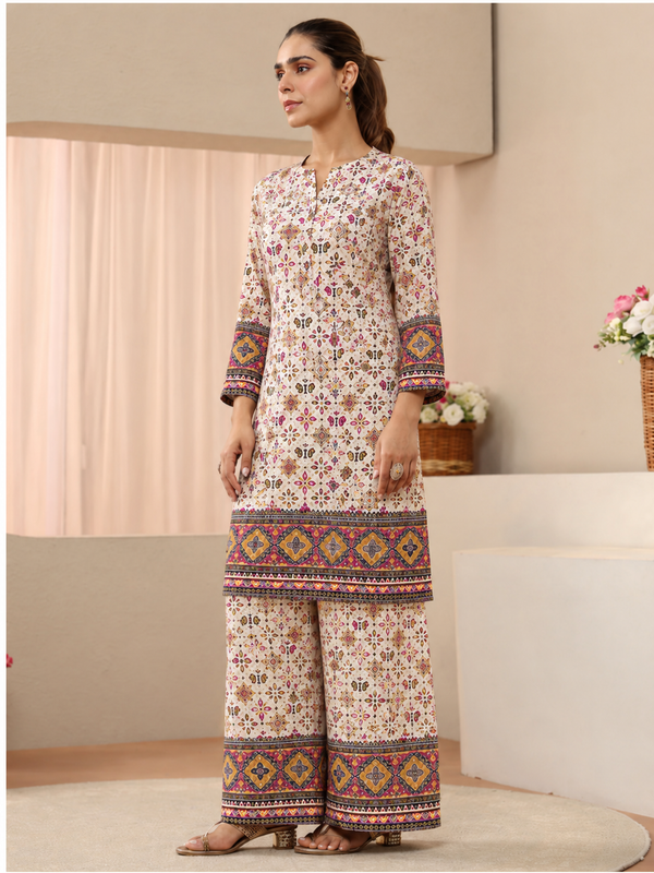 White Printed Rayon Kurta Palazzo Co-Ord Set for Festive Wear
