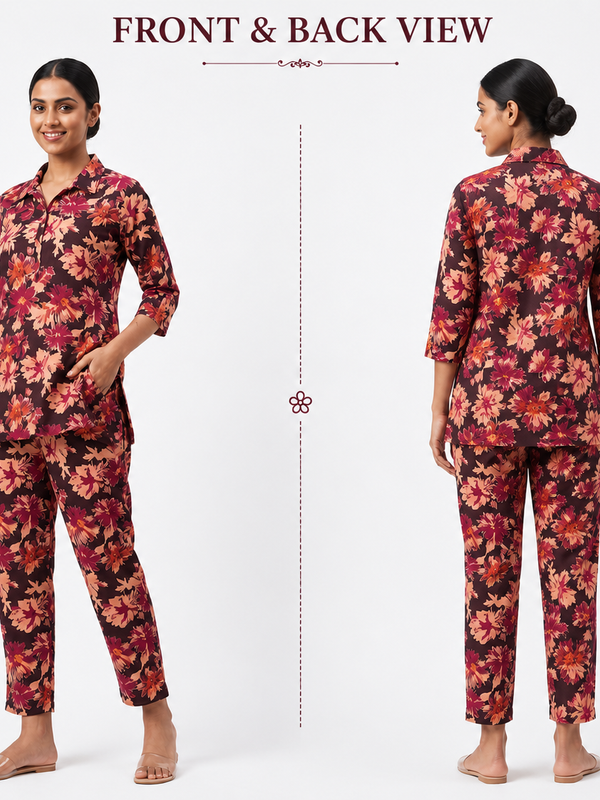 Floral-Print Co-Ord Set for Office Wear with V-Neck - view 4