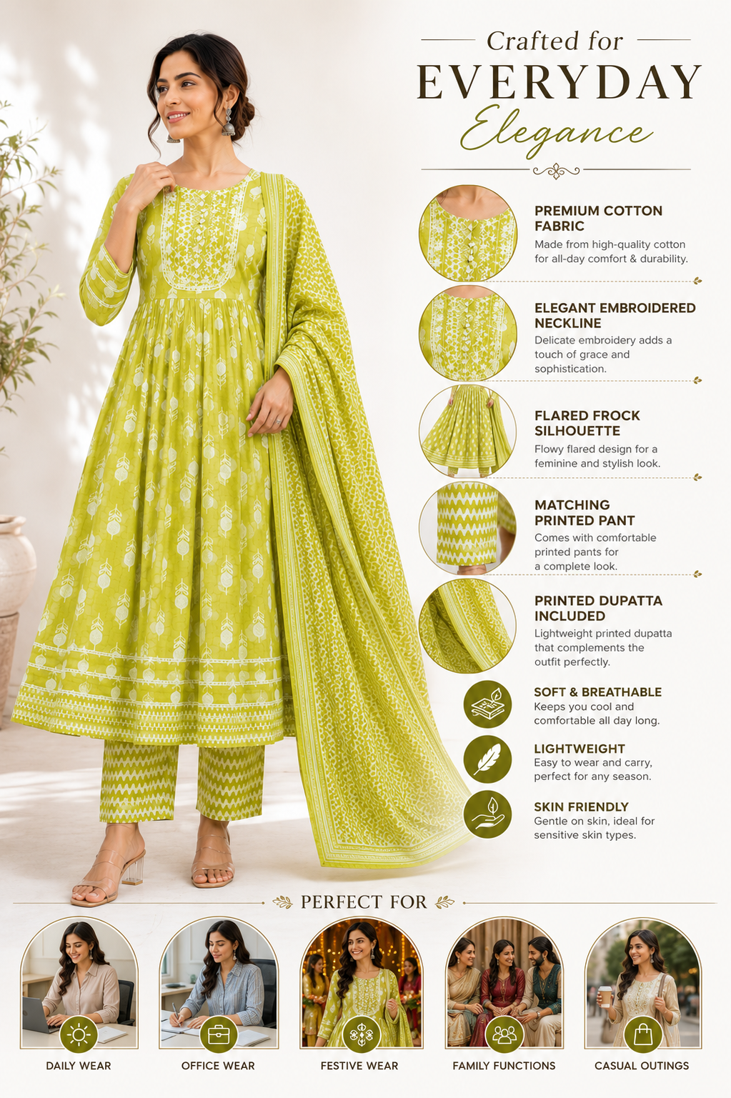 Women's Premium Cotton Printed Kurta Pant Dupatta Set | Embroidered Yoke | 3-Piece Ethnic Suit Set