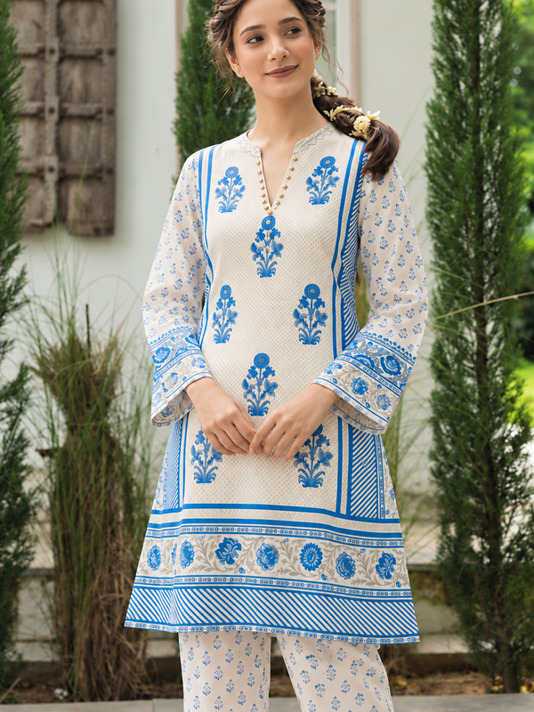 Ivory Blue Pure Crepe Mughal Floral Printed Co-Ord Set