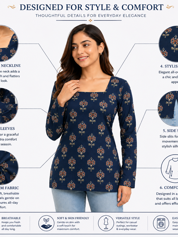 Navy Printed Tunic Top for Office Wear - view 3