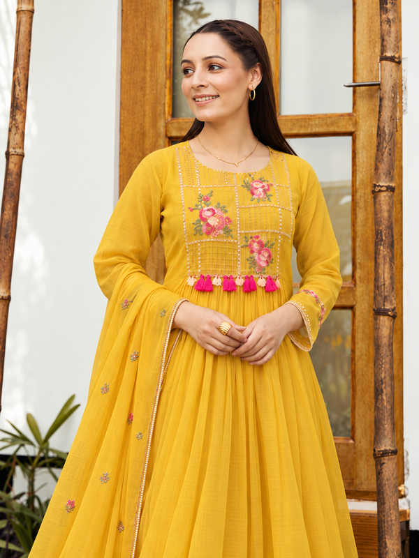 Vibrant Yellow Embroidered Anarkali Suit Set with Dupatta