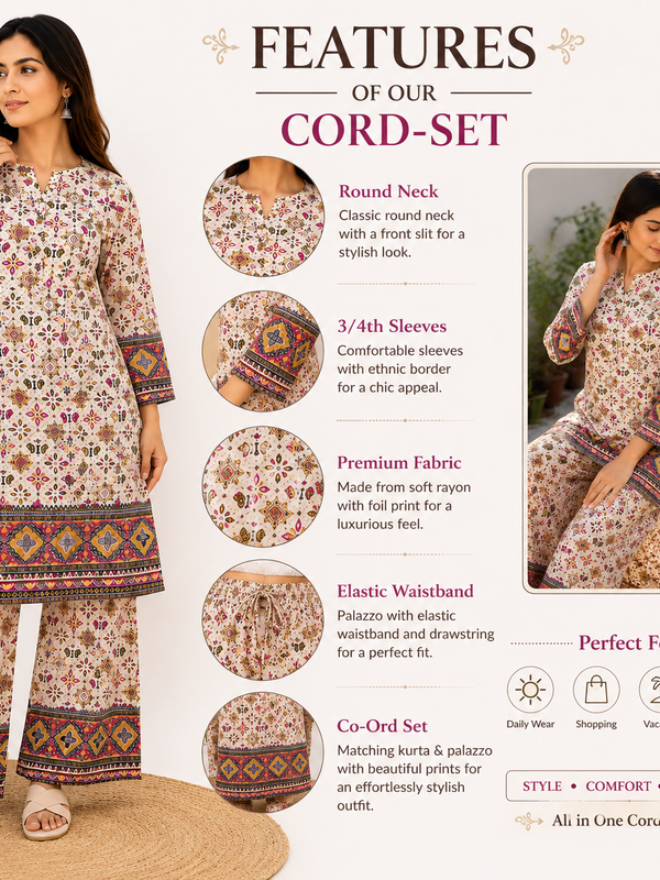 White Printed Rayon Kurta Palazzo Co-Ord Set for Festive Wear - view 4
