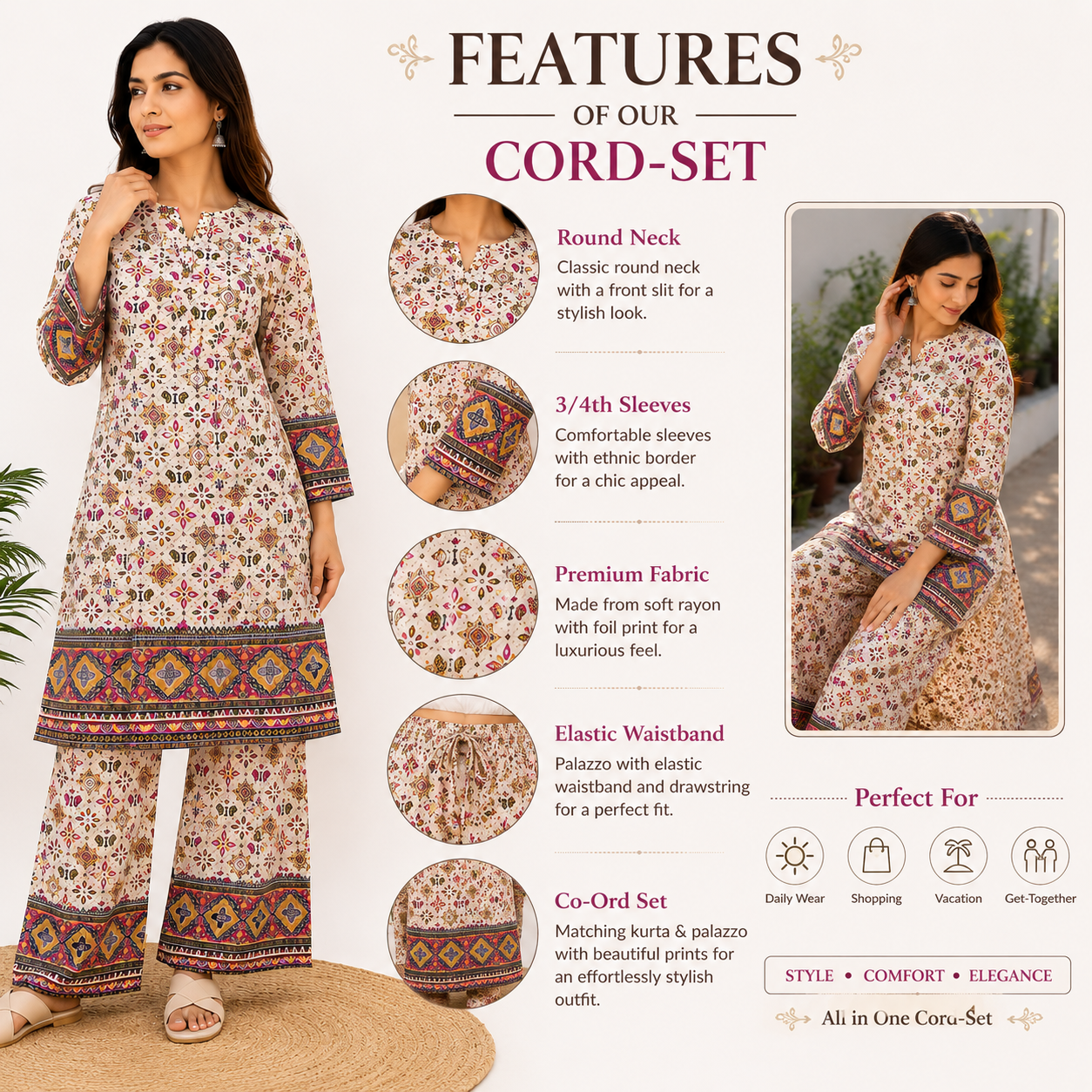 Premium Ethnic Printed Rayon Kurta Palazzo Co-Ord Set for Women