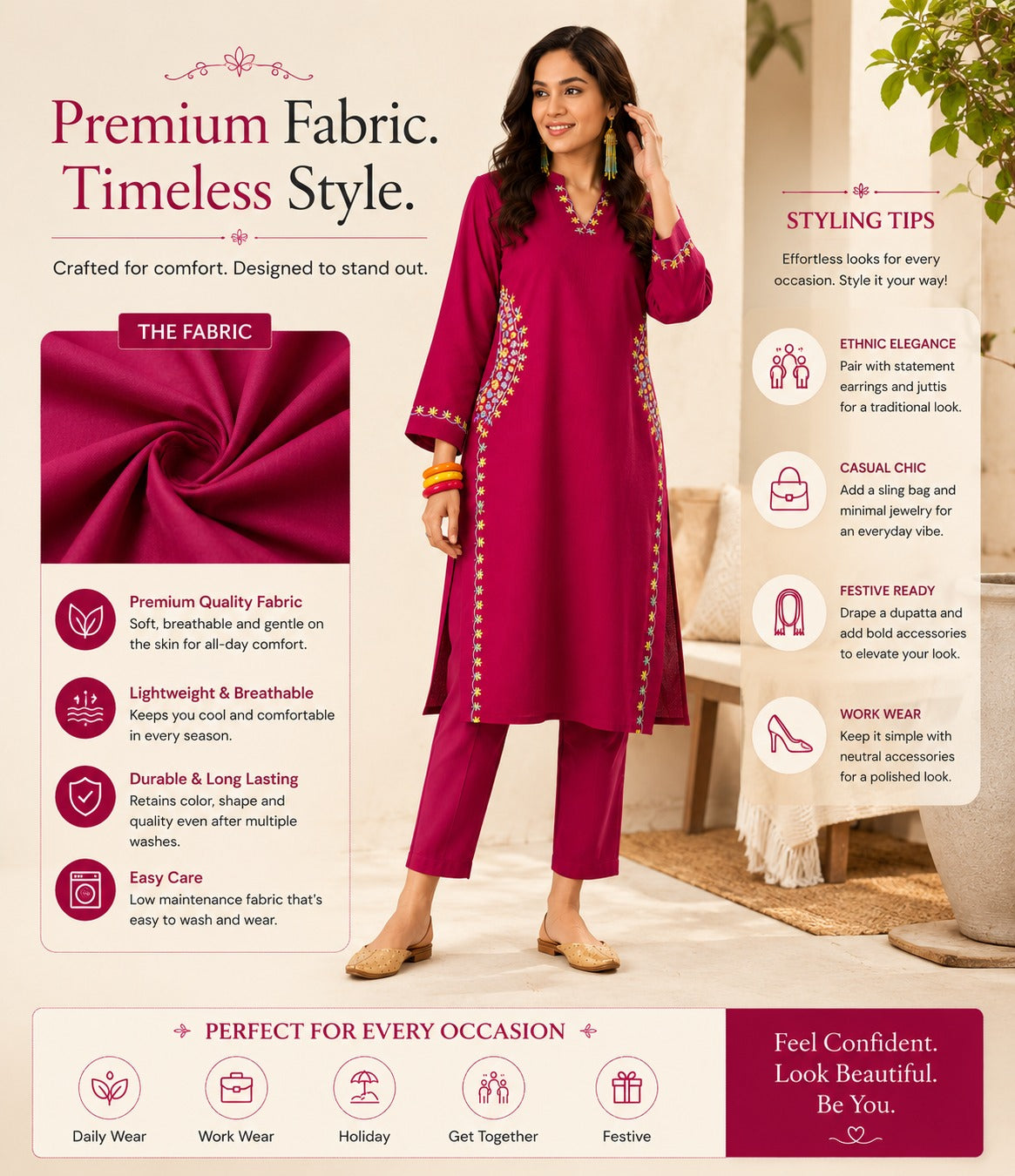 Premium Embroidered Kurta Pant Set | Straight Fit | Elegant Daily Wear