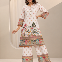 White Printed Rayon Kurta Palazzo Set for Festive Wear