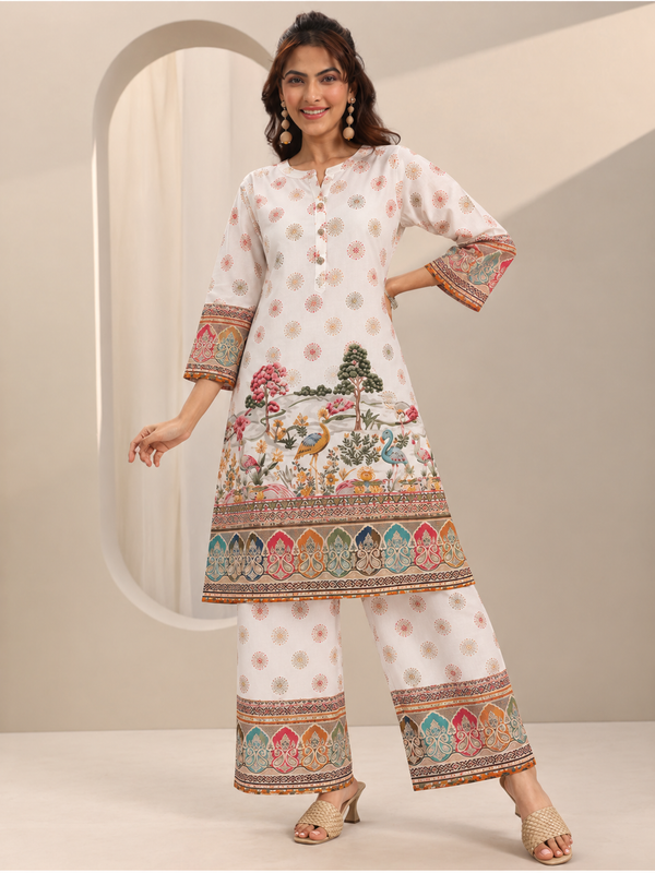 White Printed Rayon Kurta Palazzo Set for Festive Wear