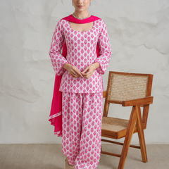 Women’s Pink Floral Printed Kurta Palazzo Set with Dupatta
