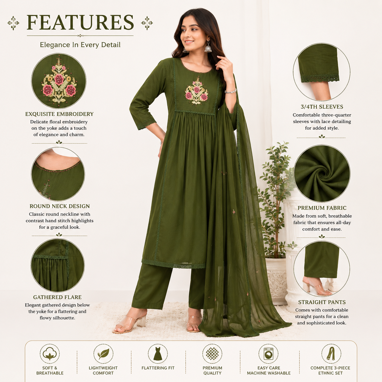 Women’s Olive Green Embroidered Kurta Pant Dupatta Set | Ethnic 3-Piece Suit Set