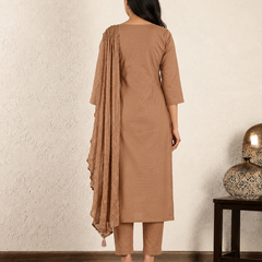 Pure Cotton Floral Embroidered Front-Pleated Ethnic Kurta Suit Set