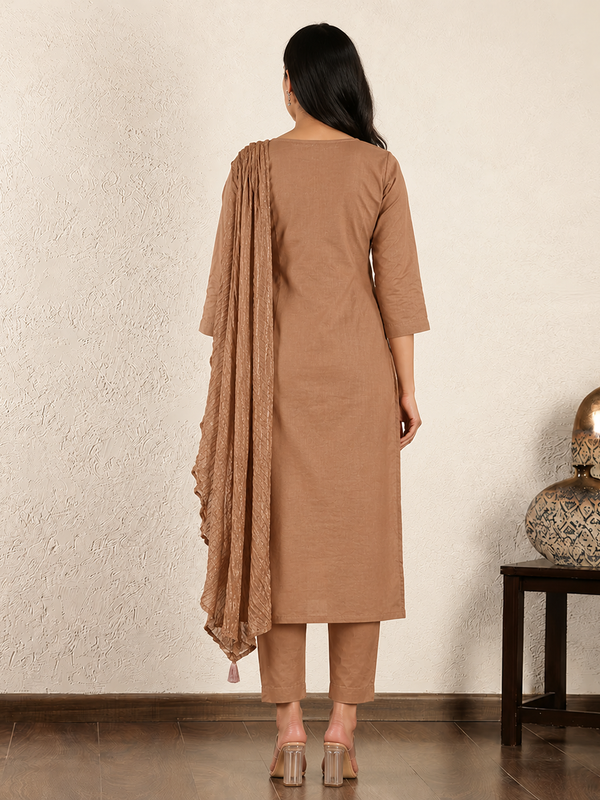 Pure Cotton Floral Embroidered Front-Pleated Ethnic Kurta Suit Set