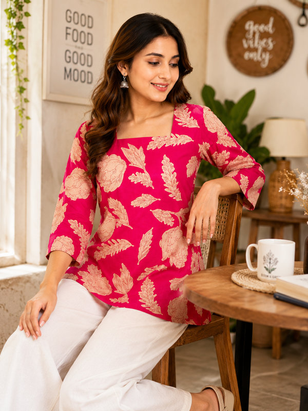 Floral-Print Cotton Short Kurti for Casual Wear
