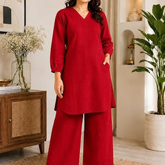 Red Solid Kurta Palazzo Set with V-Neck
