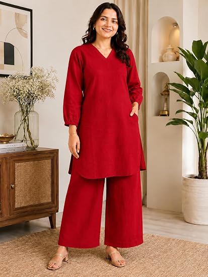 Red Solid Kurta Palazzo Set with V-Neck