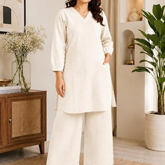 Beige Solid Kurta Palazzo Set for Office Wear - view 2